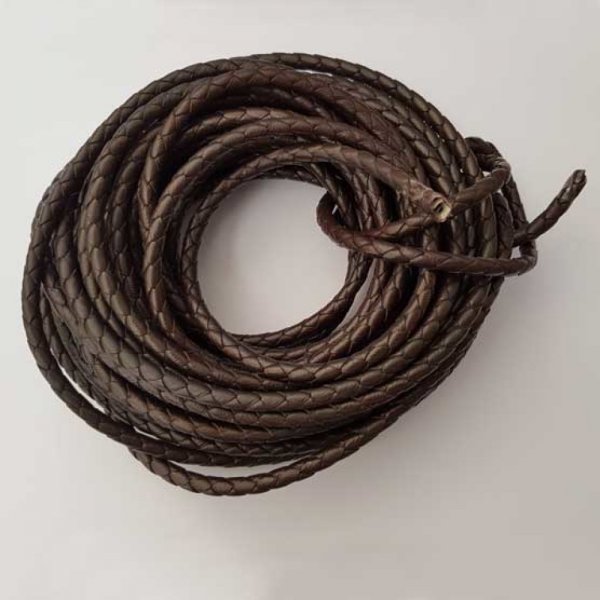 1 m&egrave;tre Cordon rond cuir tress&eacute; Marron 5 mm