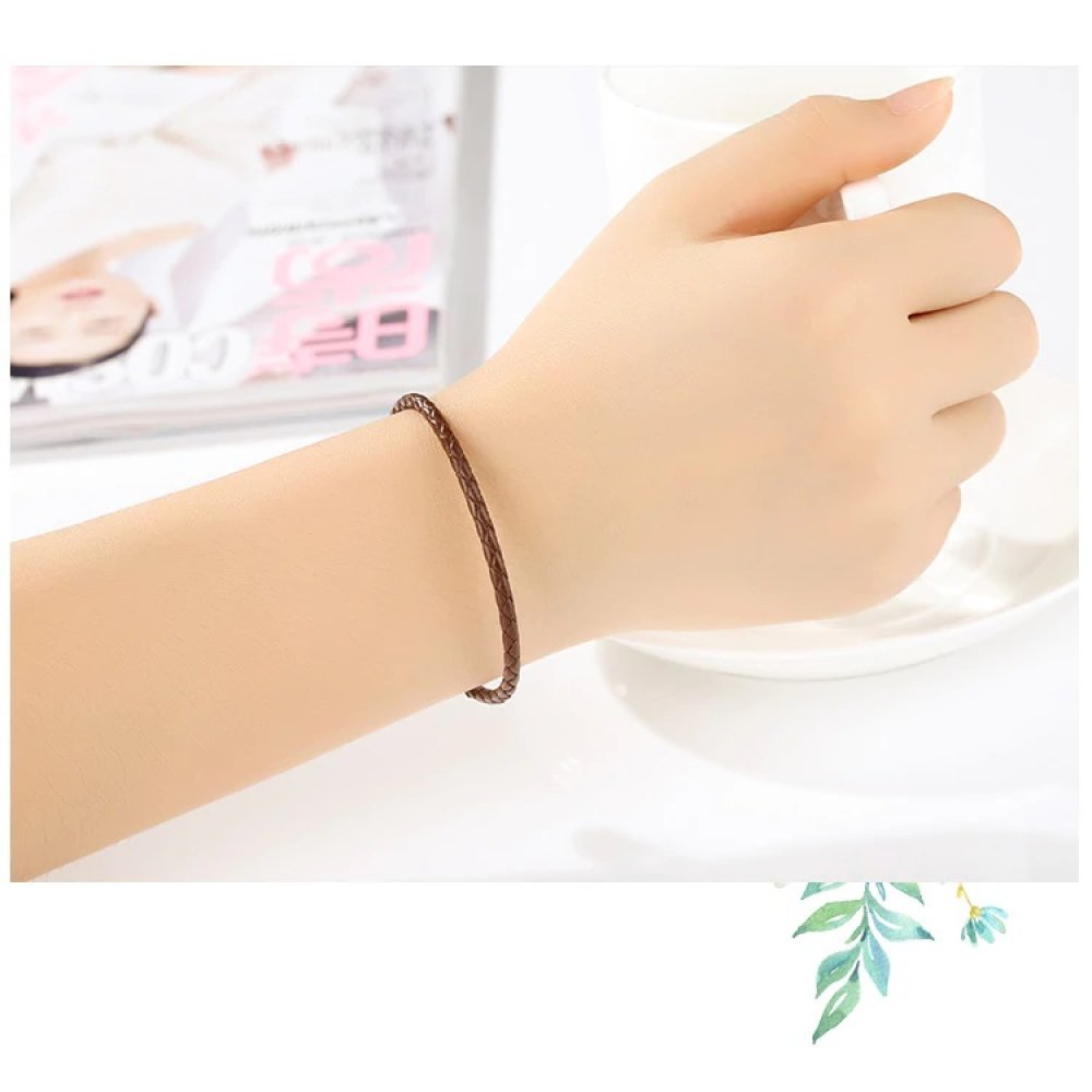 Bracelet Cuir Tressé Café 19 cm Fermoir Clip Argent 925