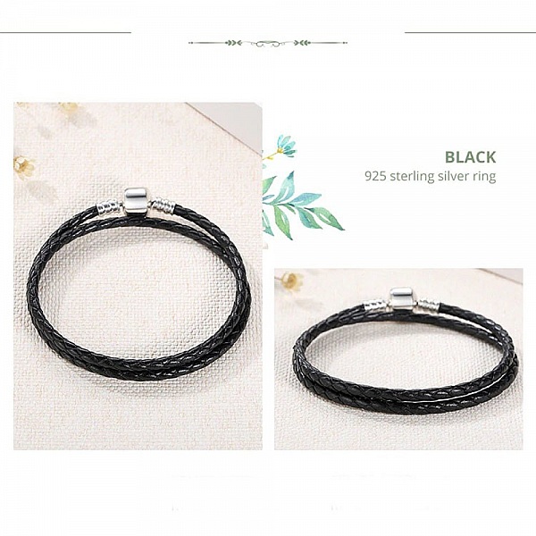 Bracelet Double Cuir Tress&eacute; Noir 40 cm Fermoir Clip Argent 925