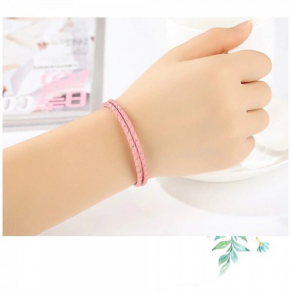 Bracelet Double Cuir Tress&eacute; Rose 38 cm Fermoir Clip Argent 925
