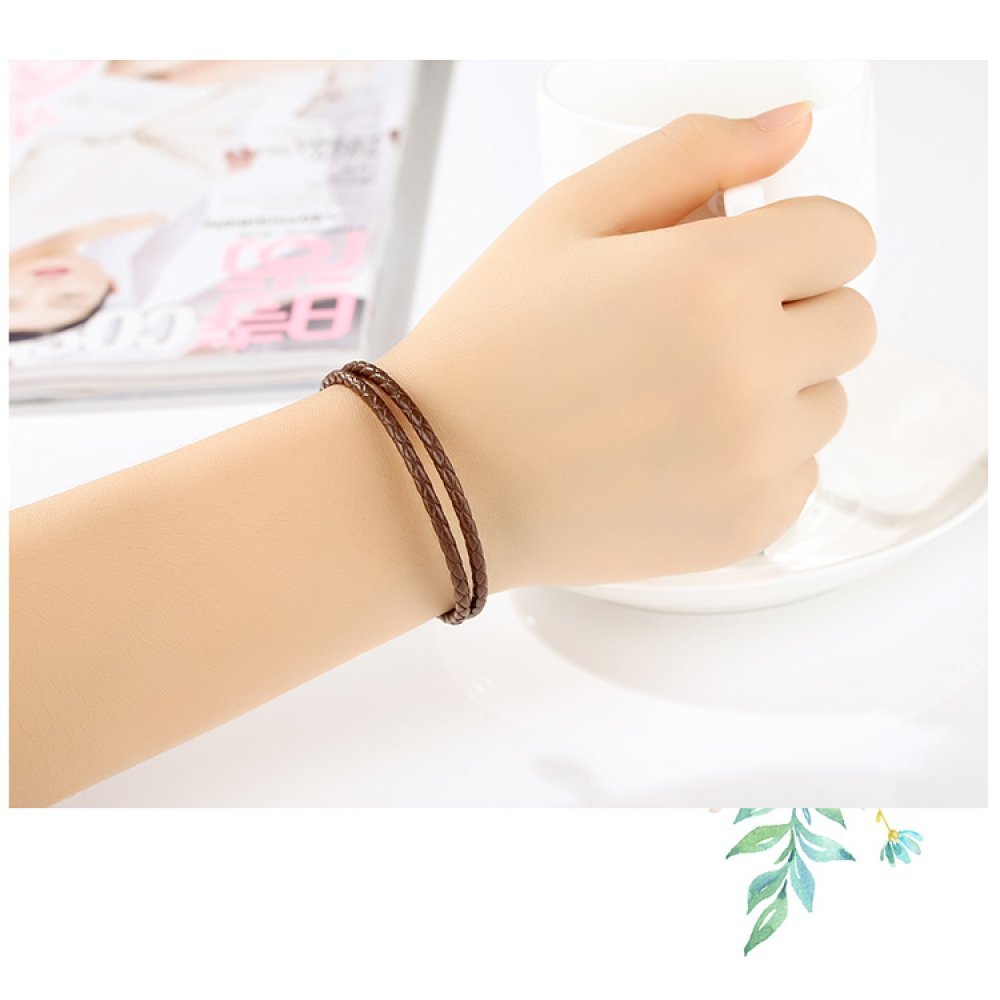 Bracelet Double Cuir Tressé Café 38 cm Fermoir Clip Argent 925