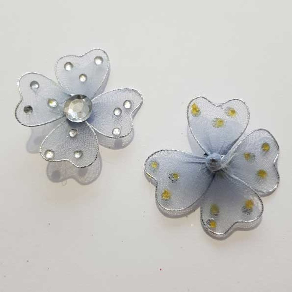 Lot de 2 Fleurs Tissus et Strass Bleu Gris