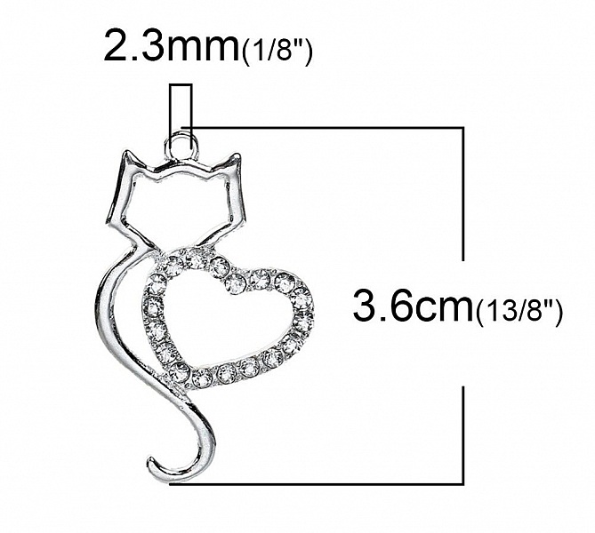 Lote de 3 dijes de aleaci&oacute;n de zinc con forma de gato N&deg;06 Coraz&oacute;n de plata con strass transparente 36 mm x 22 mm