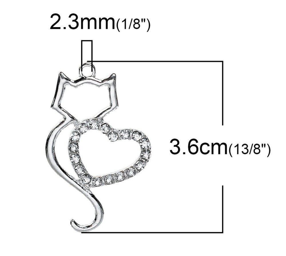 Lote de 3 dijes de aleación de zinc con forma de gato N°06 Corazón de plata con strass transparente 36 mm x 22 mm