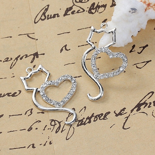 Lote de 3 dijes de aleaci&oacute;n de zinc con forma de gato N&deg;06 Coraz&oacute;n de plata con strass transparente 36 mm x 22 mm