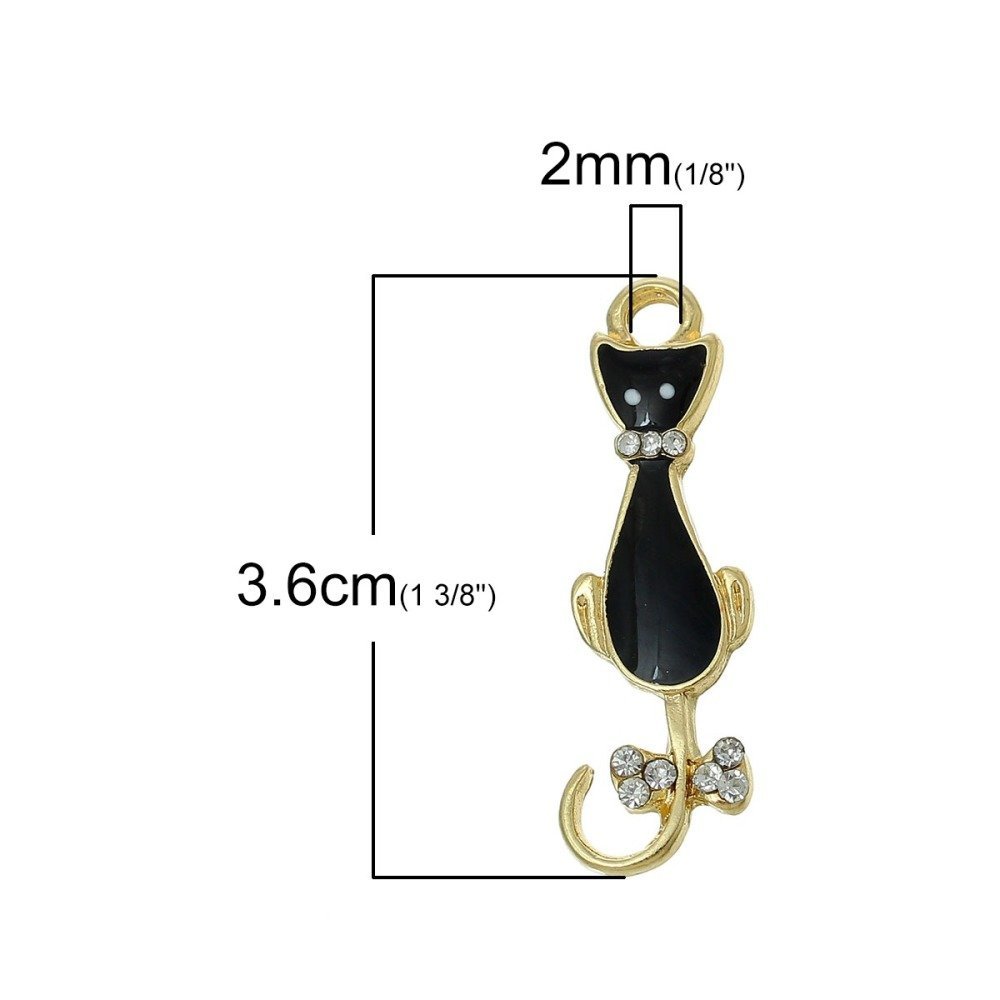 Lote de 5 Dijes N°08 Gato Negro Oro Mariposa Strass Esmalte Transparente 36 mm x 11 mm