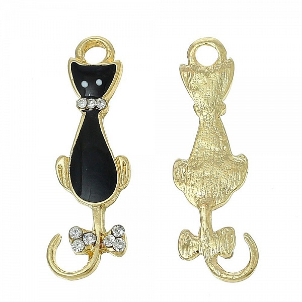 Lote de 5 Dijes N&deg;08 Gato Negro Oro Mariposa Strass Esmalte Transparente 36 mm x 11 mm