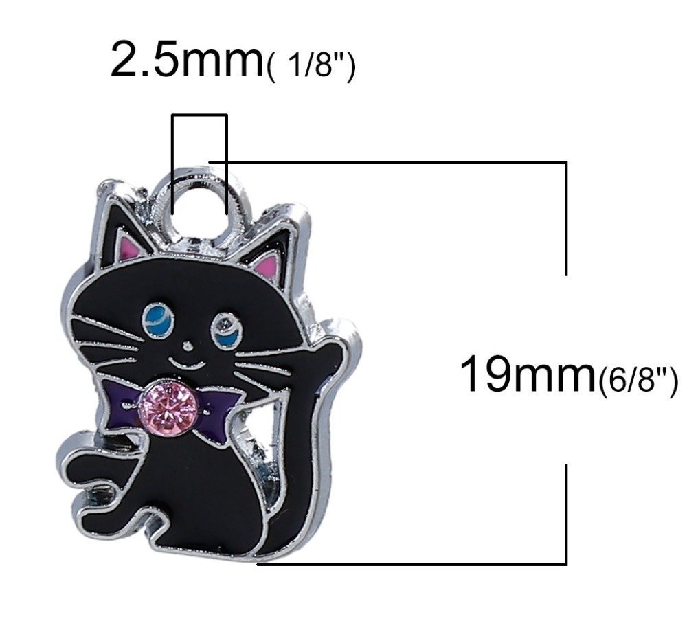 Lote de 5 Charm Gato Aleación de Zinc N°07 Plata Strass Email 19 mm x 14 mm