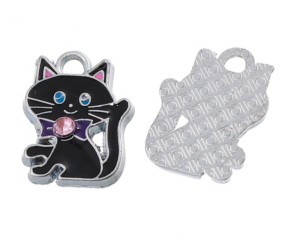 Lote de 5 Charm Gato Aleación de Zinc N°07 Plata Strass Email 19 mm x 14 mm