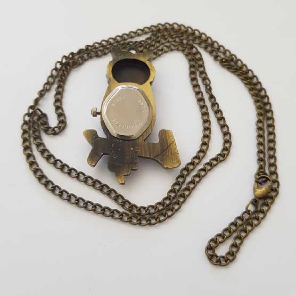 Reloj de fuelle de búho de bronce antiguo con cadena