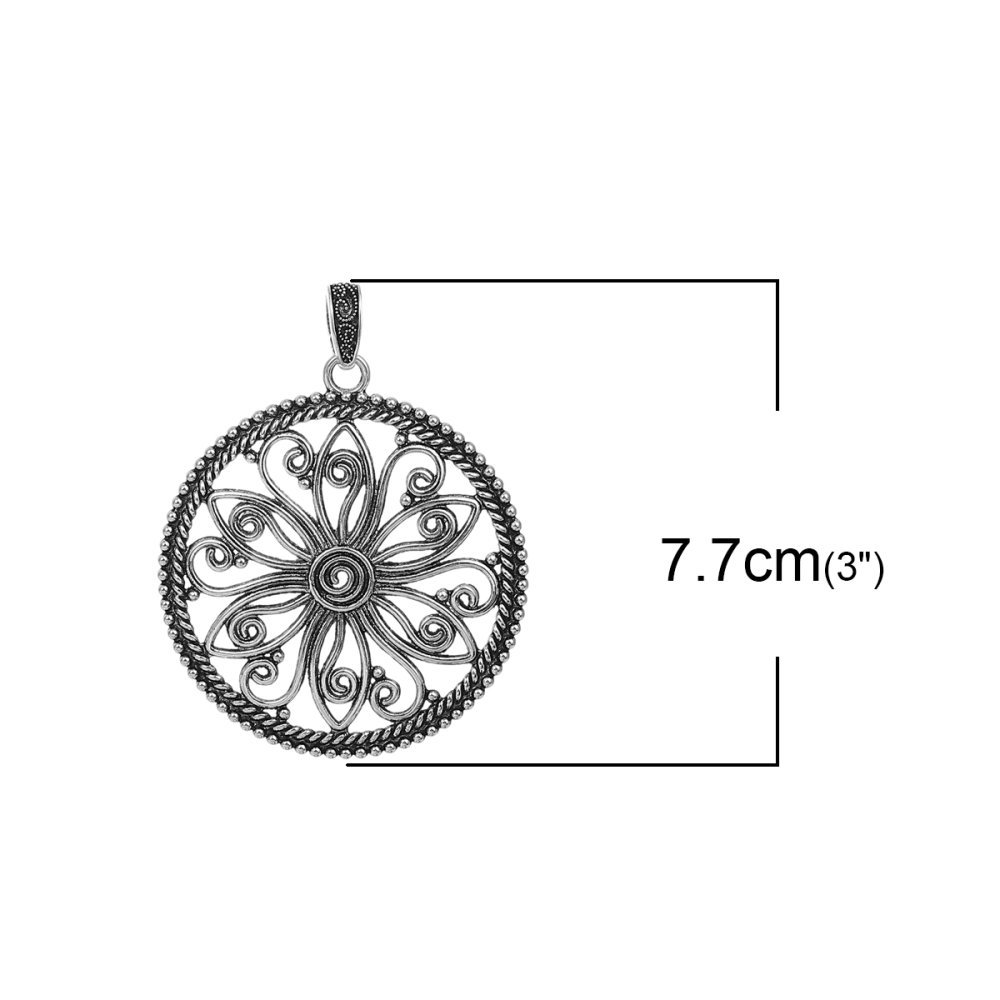 Pendentif N°001-D en Alliage Rond Fleur Creux Argent Vieilli 77 mm x 60 mm