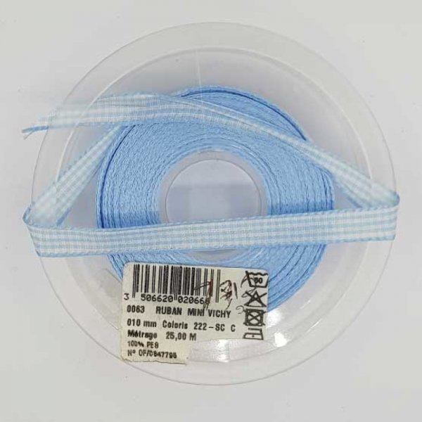 Ruban vichy bleu ciel et blanc de 10 mm x 1 m&egrave;tre