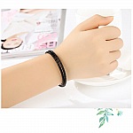 Bracelet Double Cuir Tressé Noir 40 cm Fermoir Clip Argent 925