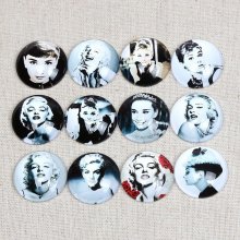 Lote de 20 cabujones redondos de vidrio 25 mm Marilyn- Audrey Hepburn