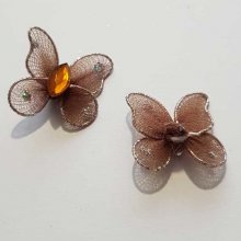 Lot de 2 Papillons Tissus et Strass Marron