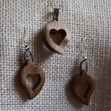 Juego de corazón de nogal, pendientes y colgante, regalo de boda de madera, San Valentín, hecho a mano