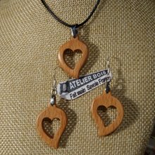 Conjunto de corazón de madera de haya, pendientes y colgante, idea de regalo de boda de madera, San Valentín, hecho a mano