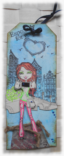 Tag, &eacute;tiquette, signet, "Especially for you" marque-pages esprit ado en mixed medias, tons bleu vert n&eacute;on rose