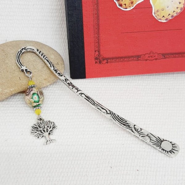 marque pages pendentif arbre de vie argent&eacute; &agrave; parsonnaliser avec perle artisanale jaune