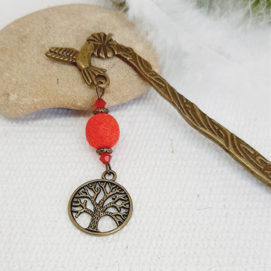 marcador de pagina colgante arbol de la vida color bronce a personalizar con cuenta roja hecha a mano 