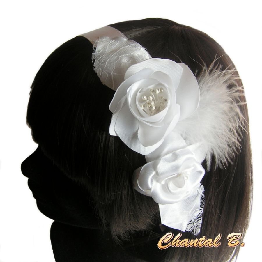 diadema para el pelo raso blanco encaje flores plumas