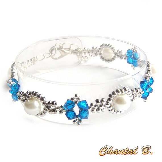 pulsera de cristal swarovski perla azul y plata cuentas tejidas