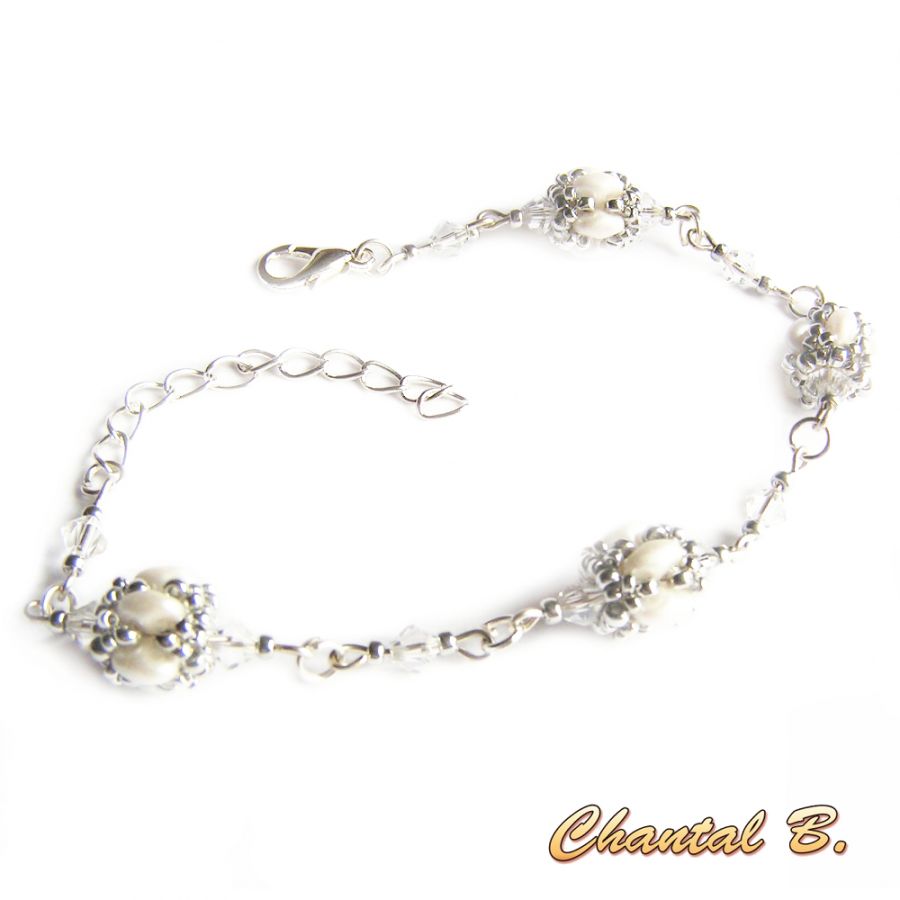 pulsera de cristal de swarovski con perla blanca y cuentas de cristal plateadas tejidas