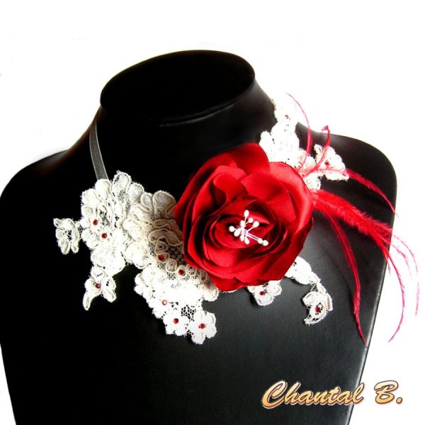 collar de boda encaje marfil sat&eacute;n rojo flor y plumas 