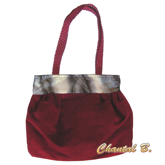 bolso de seda rojo y gris con asa trenzada