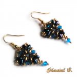 pendientes triangulo cuentas cristal Swarovski azul y bronce oro