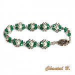pulsera verde esmeralda de swarovski con cristal y perlas plateadas tejidas