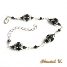 pulsera cristal swarovski cuentas de vidrio negro brillante y plata tejida