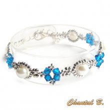 pulsera de cristal swarovski perla azul y plata cuentas tejidas