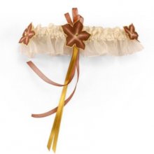 Liga de boda de encaje marfil con flores de seda chocolate y oro