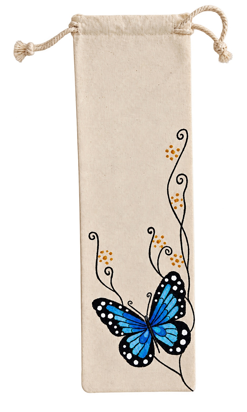 Éventail en satin peint à la main avec papillons bleus.
