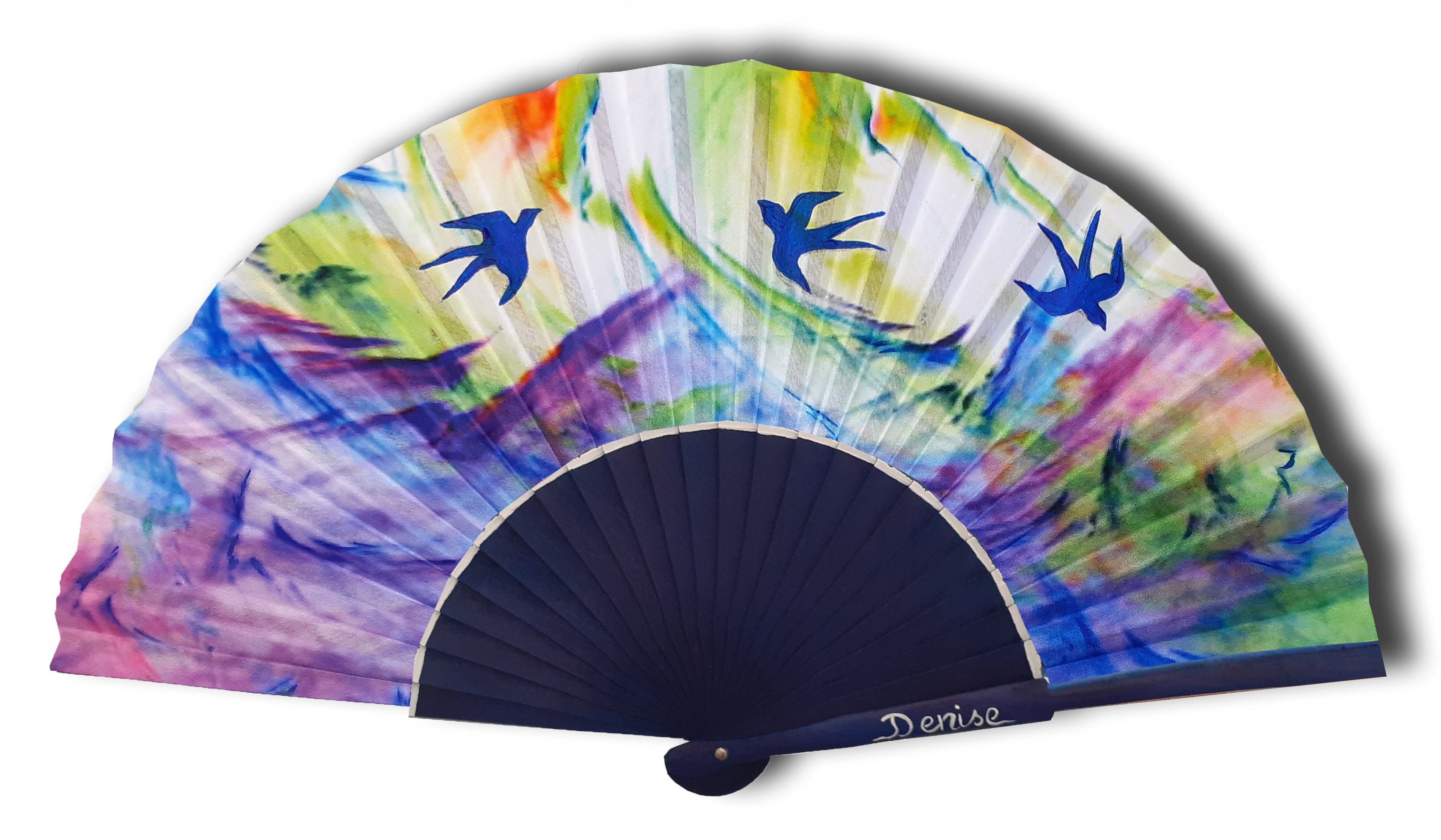 Eventail en satin dessin&eacute; et peint &agrave; la main 