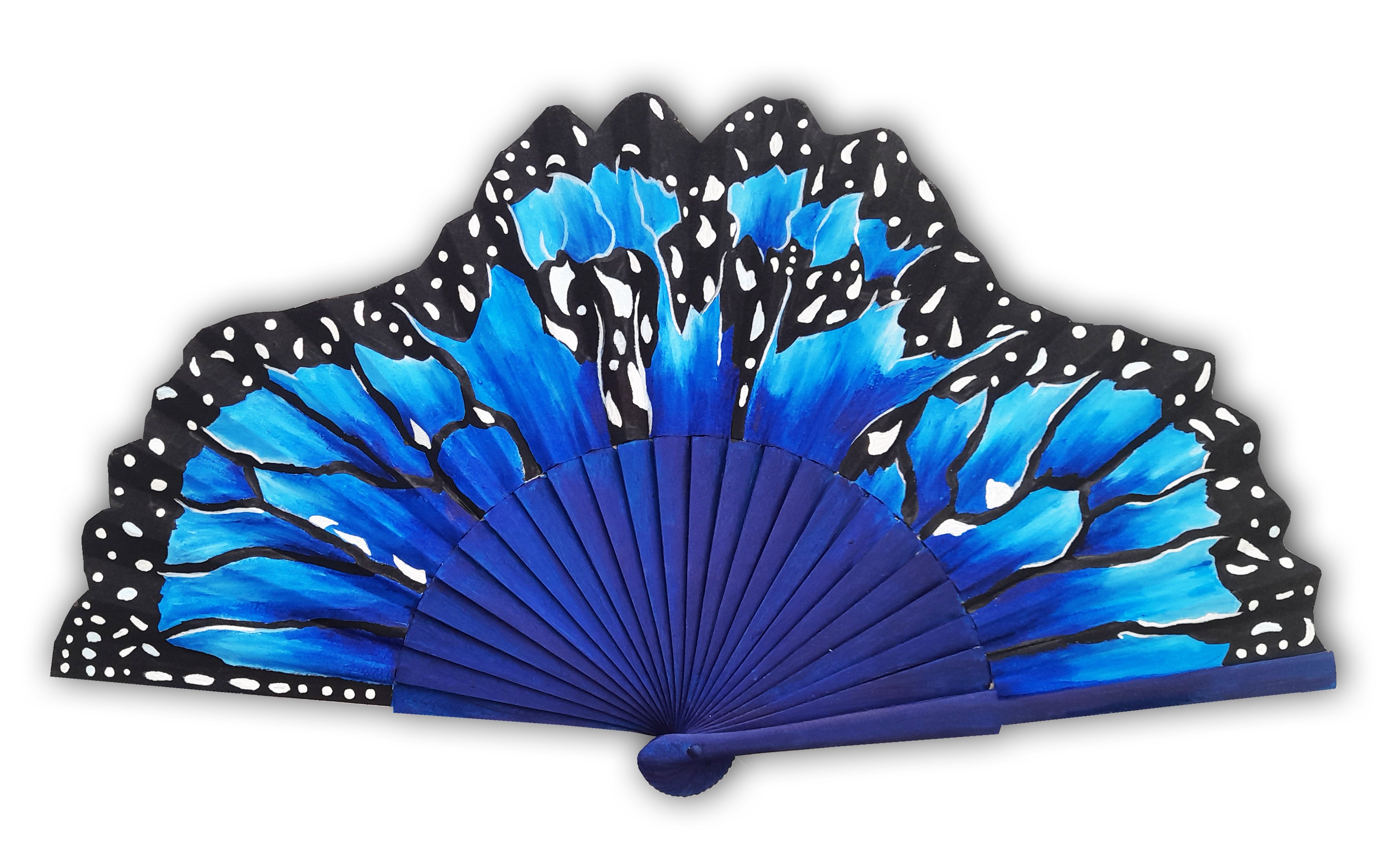 Eventail en soie peinte &agrave; la main. "Monarque blu"