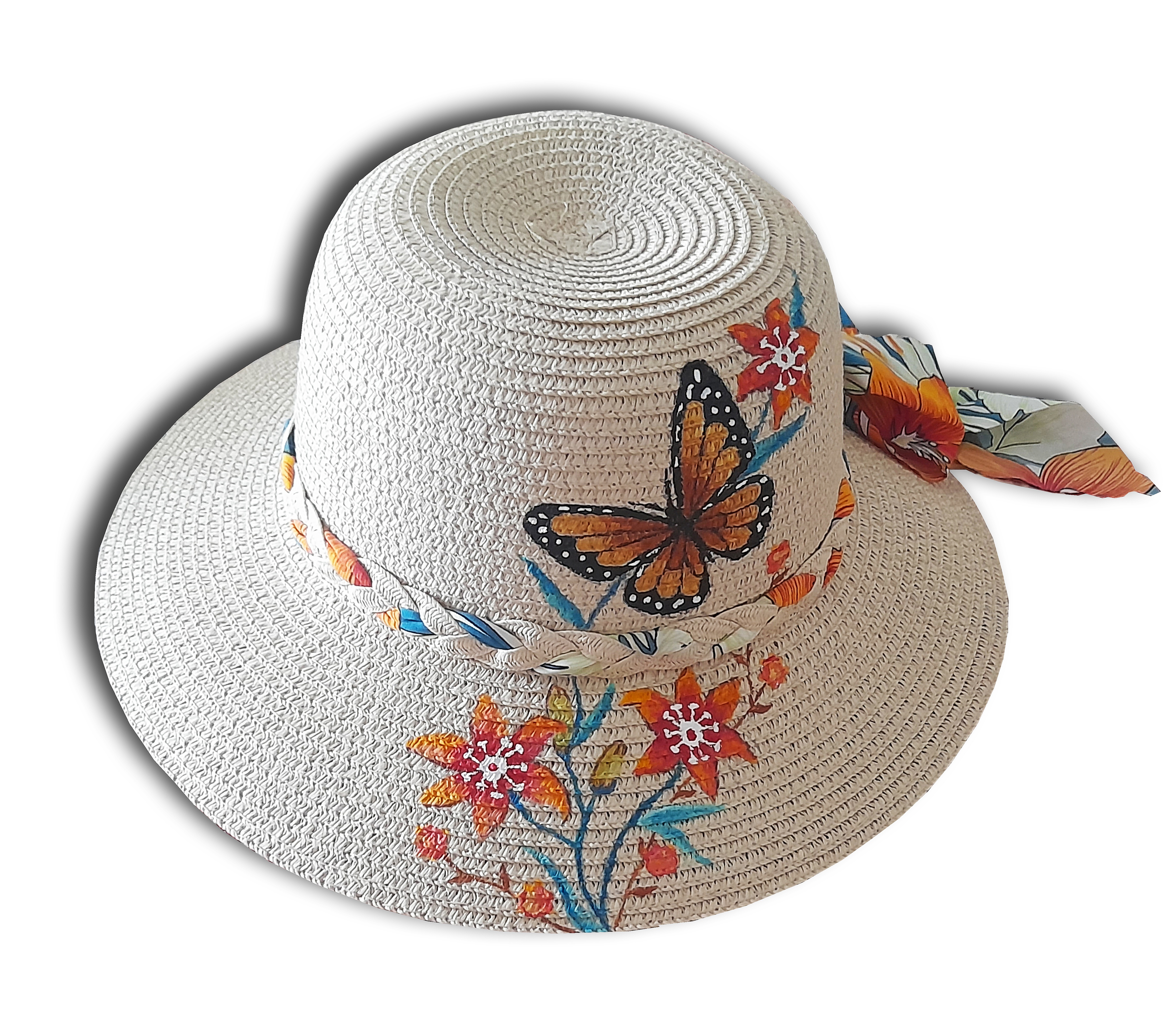 Chapeau de paille peint à la main avec motifs tropicaux.