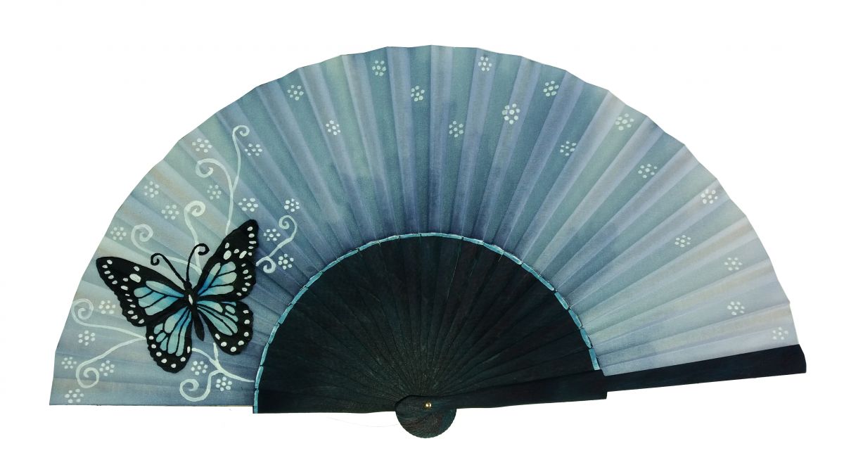 Abanico de satén dibujado y pintado a mano "Mariposa azzuro