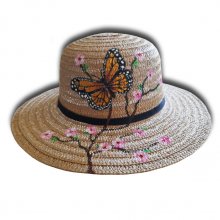 Precioso sombrero calado pintado a mano "Monarca mexicana y cerezo japonés