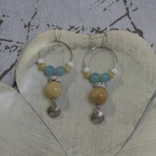 Boucles d'Oreille Fantaisie Anneau et Perles Bleu, Blanc, Beige, Création Unique