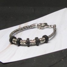 Pulsera de cuero para mujer con plata y perla negra, creación única