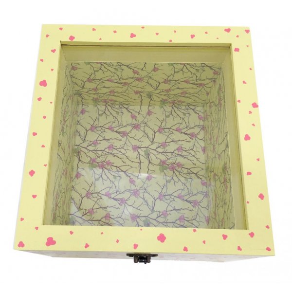 Caja de madera con tapa de cristal. Modelo : sakura amarillo