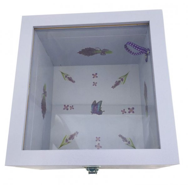 Caja de madera con tapa de cristal. Modelo : lavendula.