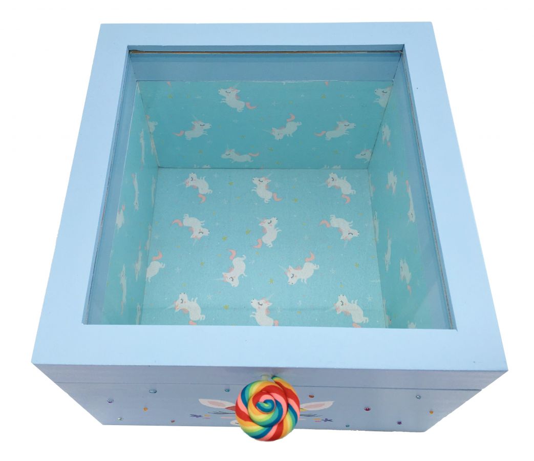 Caja de madera con tapa de cristal. Modelo : unicornio azul