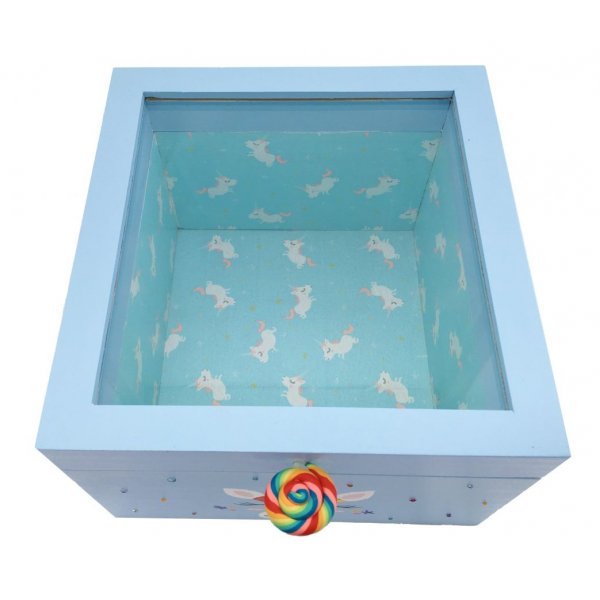 Caja de madera con tapa de cristal. Modelo : unicornio azul