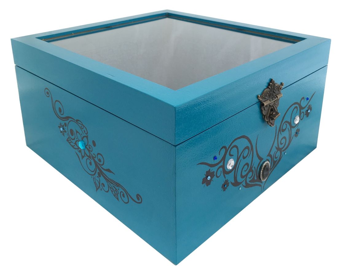 Caja de madera con tapa de cristal. Modelo : tribal azul