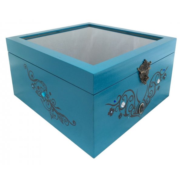 Caja de madera con tapa de cristal. Modelo : tribal azul