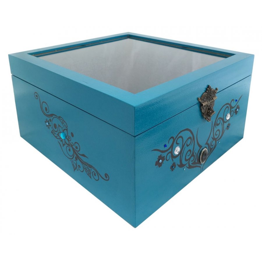 Caja de madera con tapa de cristal. Modelo : tribal azul