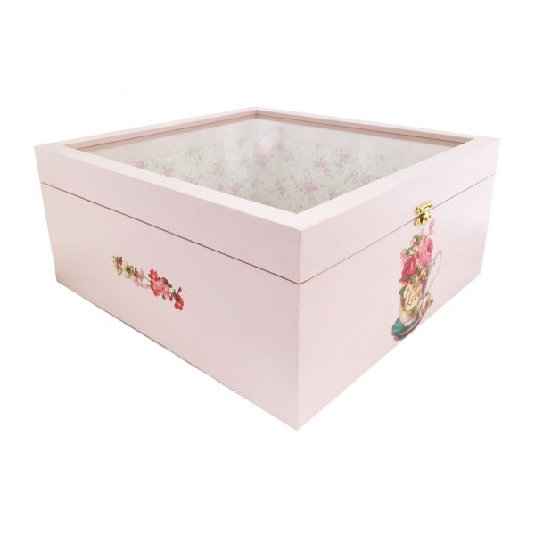 Caja de madera y su tapa de cristal. Modelo : t&eacute; rosa